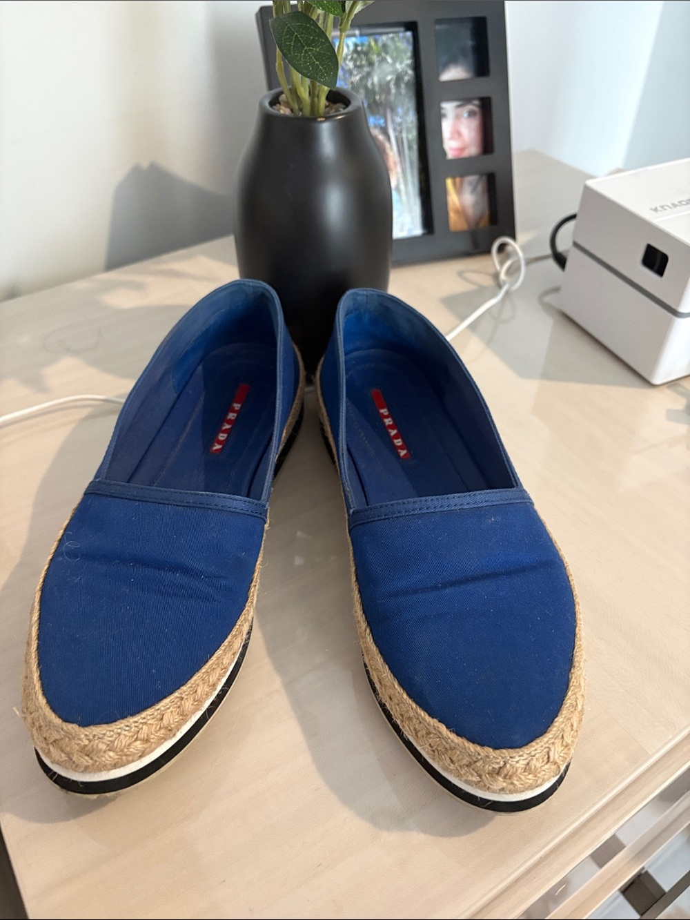 Prada Blue Canvas Espadrille Slip-On Loafers with Natural Jute Trim